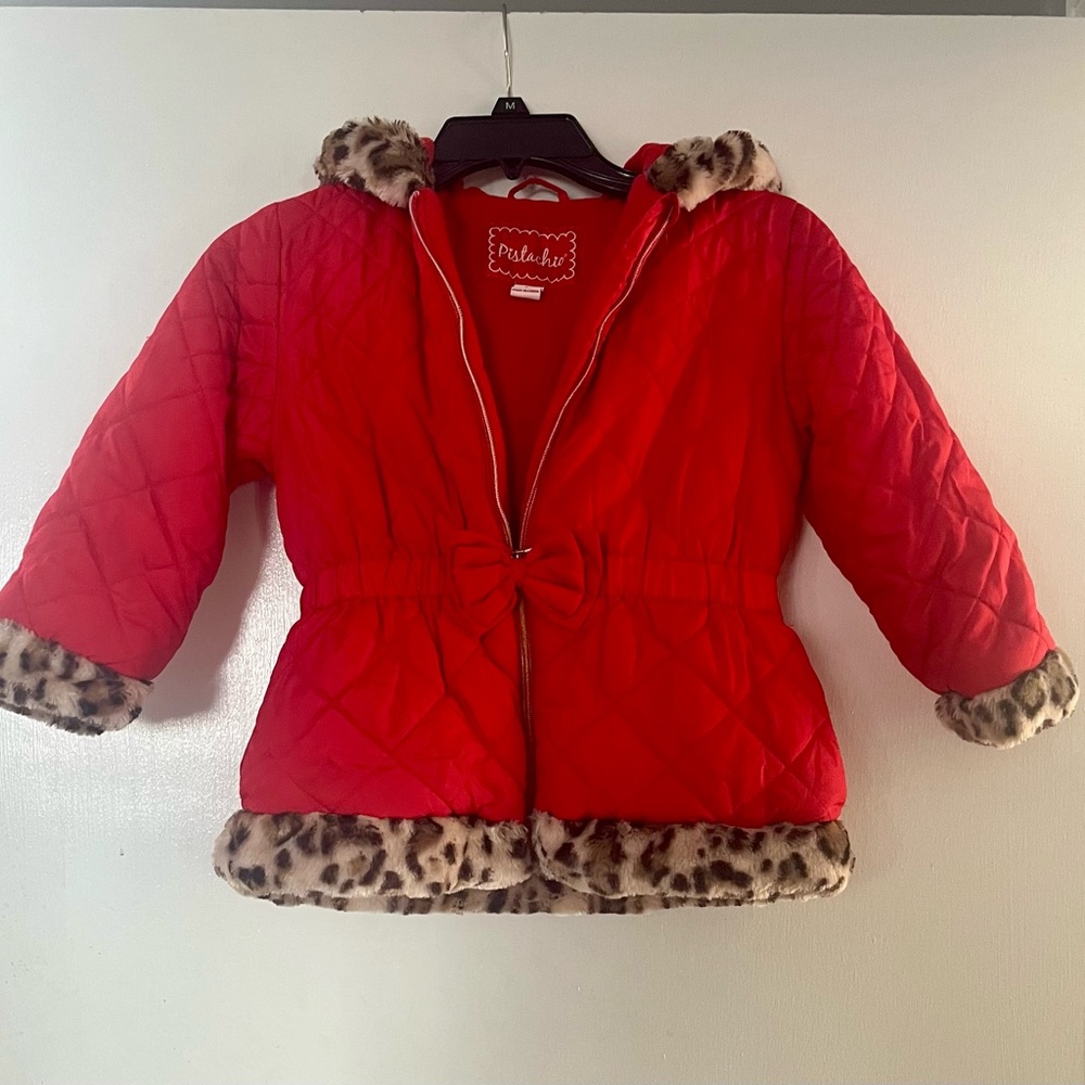 Chic Red Puffer Jacket with Leopard Accents